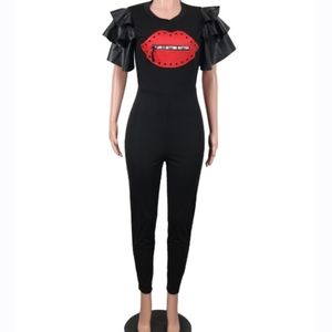 1 Piece Sweet Lips Jumpsuit with Vegan leather flutter sleeves~NWOT